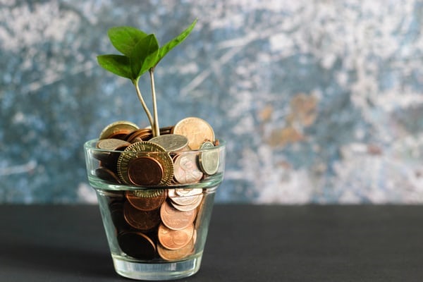 Glass pot of money with green shoot