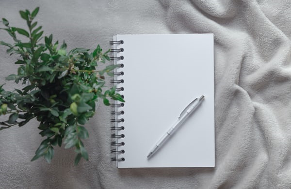 green business Notepad and pen placed next to green plant.