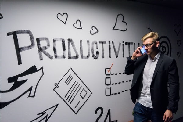 Wall-art reading 'productivity'.