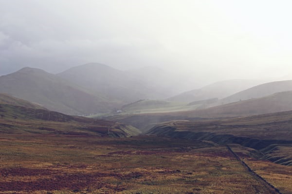 Landscape shot of peatland in a valley, with mountains in the misty background.
