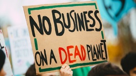 Sign reading 'No Business on a Dead Planet' being held up within a crowd.