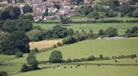 View of green fields with town in distance.