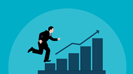 Increasing bar graph seen as steps with a cartoon man running up them with an arrow indicating speed and growth