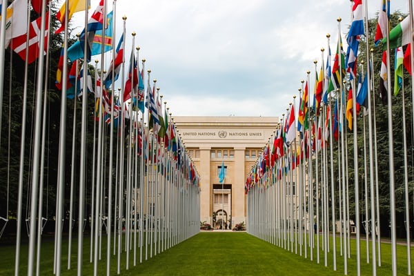 United Nations- rows of flags.